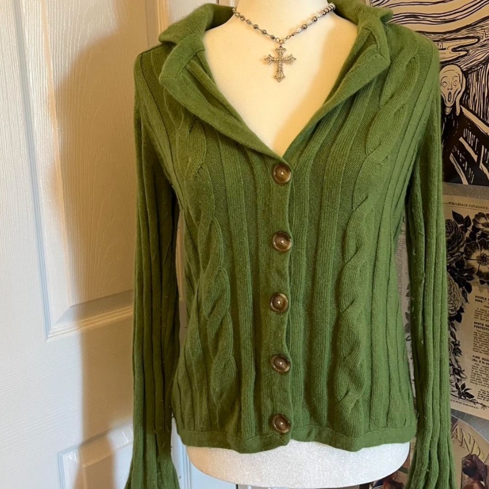 Green Cable Knit Cardigan with Button Front